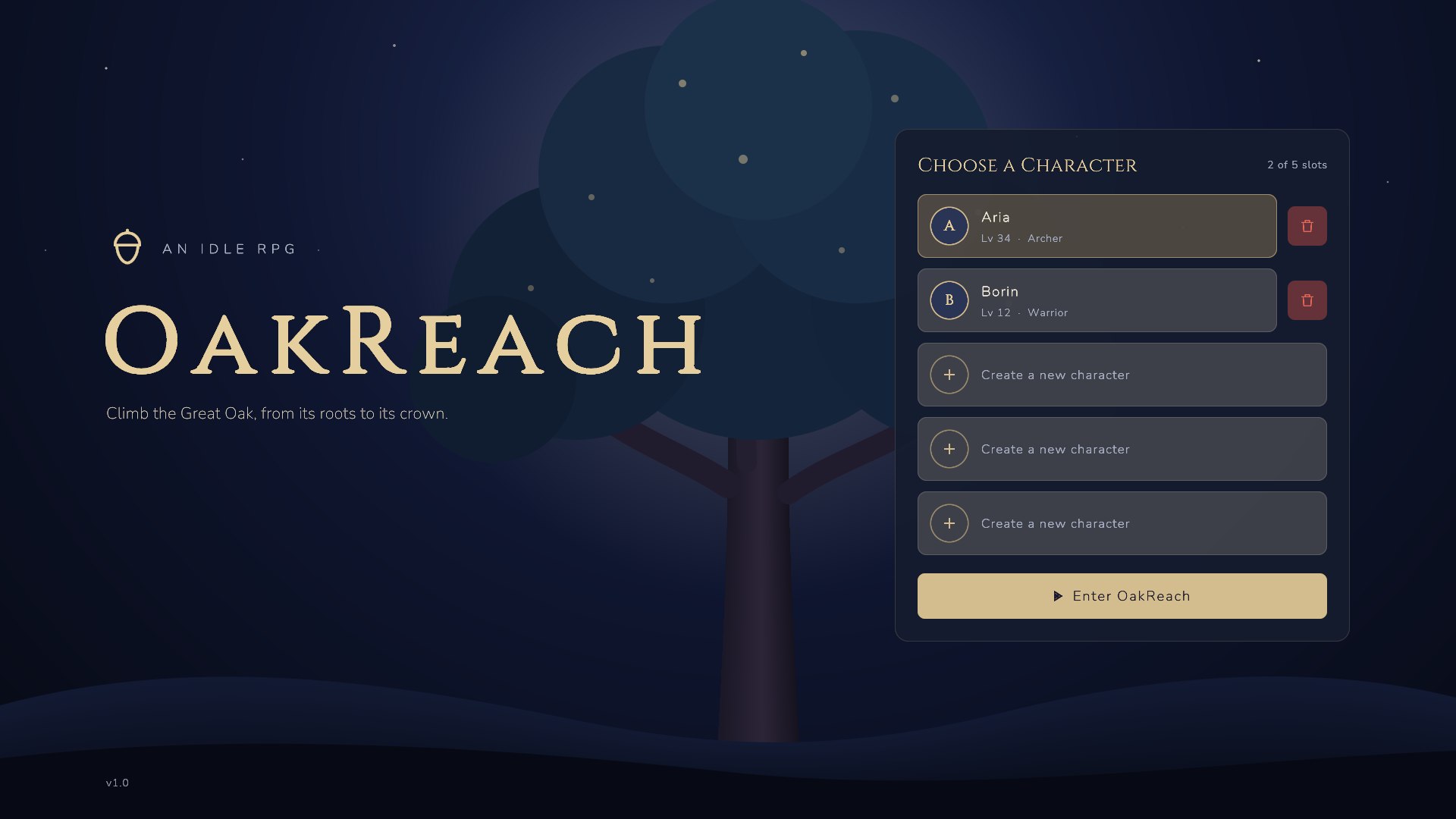 OakReach title screen: choose a character beneath the Great Oak
